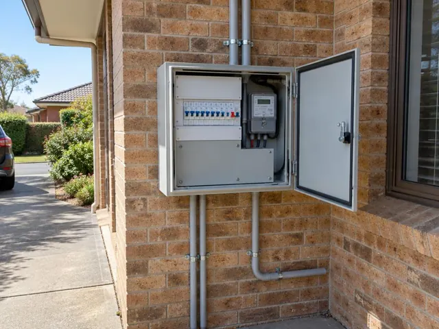 Exterior switchboard on a brick wall beside a driveway, with meter and conduits in Kellyville